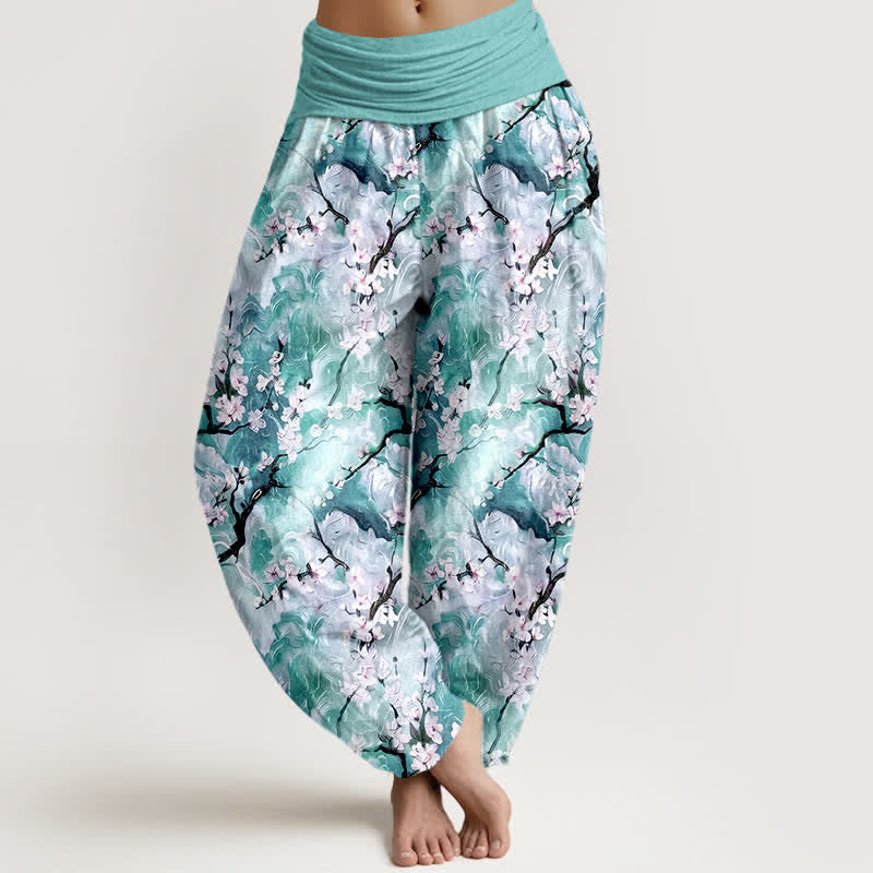 Buddha Stones Pure Cotton Watercolor Floral Pattern Women's Elastic Waist Harem Pants - Turquoise - US16,UK/AU20,EU48 (3XL) - image 5
