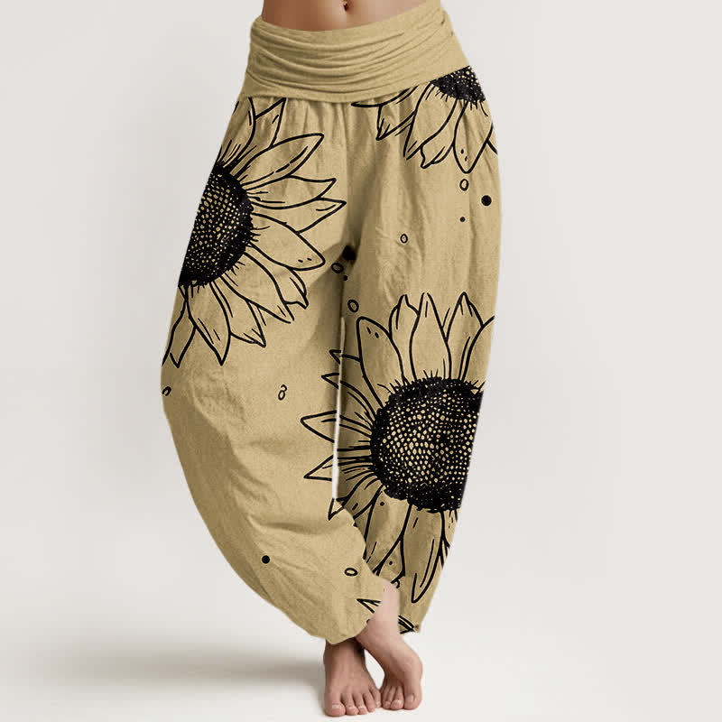 Buddha Stones Pure Cotton Sunflower Bloom Pattern Women's Elastic Waist Harem Pants - Khaki - US16,UK/AU20,EU48 (3XL) - image 5