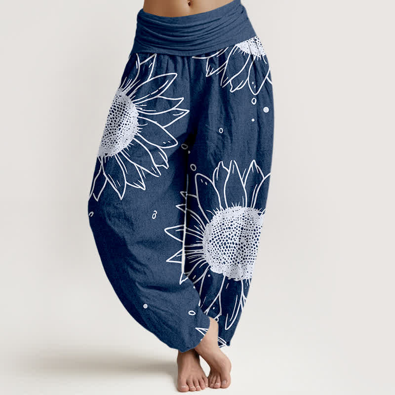 Buddha Stones Pure Cotton Sunflower Bloom Pattern Women's Elastic Waist Harem Pants - Navy - US16,UK/AU20,EU48 (3XL) - image 8