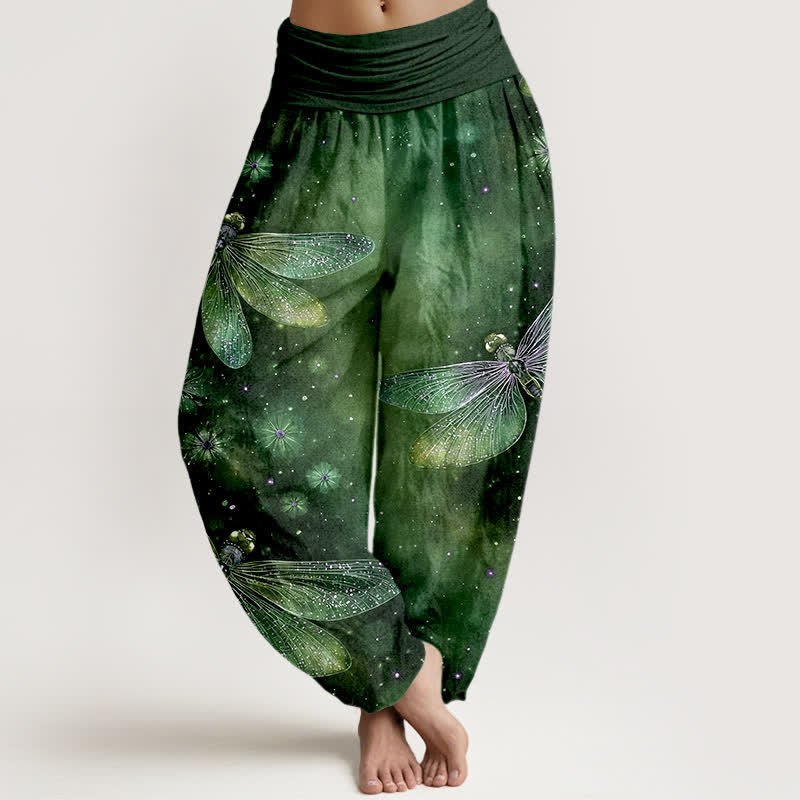 Buddha Stones Cotton Dreamy Dragonfly Flower Pattern Women's Elastic Waist Harem Pants - ForestGreen - US16,UK/AU20,EU48 (3XL) - image 8
