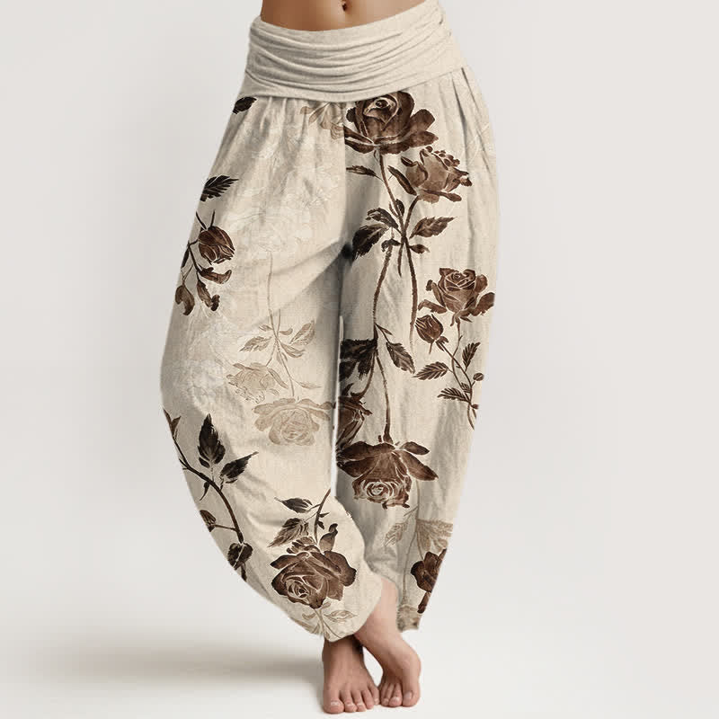 Buddha Stones Cotton Vintage Rose Pattern Women's Elastic Waist Harem Pants - Linen - US16,UK/AU20,EU48 (3XL) - image 0