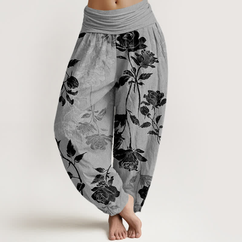 Buddha Stones Cotton Vintage Rose Pattern Women's Elastic Waist Harem Pants - DarkGray - US16,UK/AU20,EU48 (3XL) - image 5