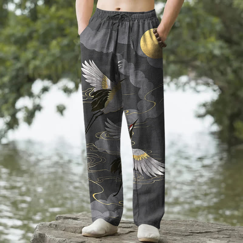Buddha Stones Cotton White Crane Chasing The Sun Pattern Men's Tapered Pants With Pockets - DimGray - US/UK/AU50,EU60 (5XL) - image 0