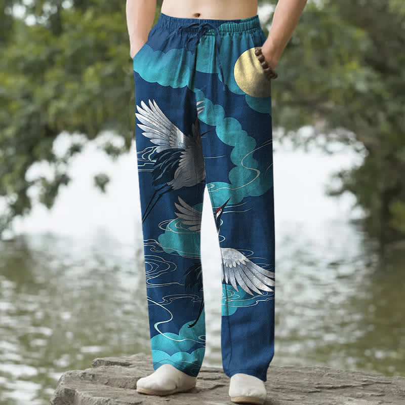 Buddha Stones Cotton White Crane Chasing The Sun Pattern Men's Tapered Pants With Pockets - RoyalBlue - US/UK/AU50,EU60 (5XL) - image 4