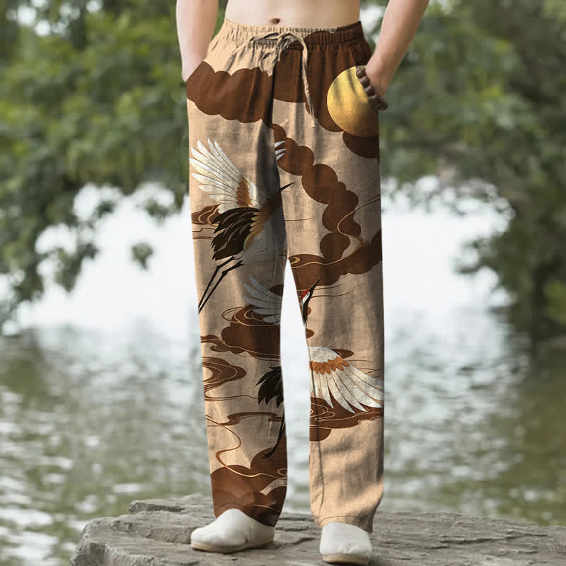 Buddha Stones Cotton White Crane Chasing The Sun Pattern Men's Tapered Pants With Pockets - BurlyWood - US/UK/AU50,EU60 (5XL) - image 6