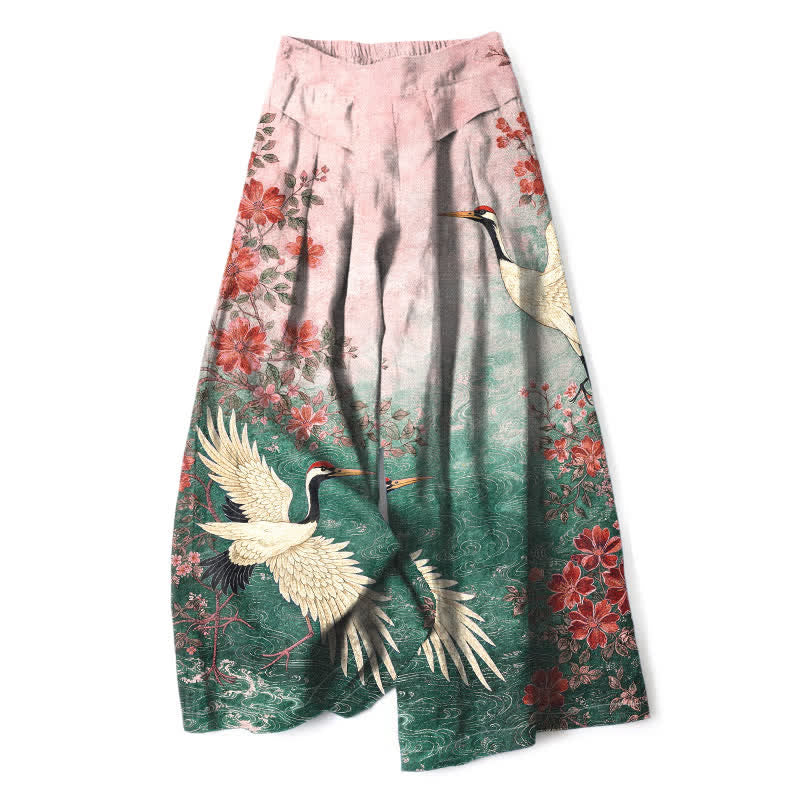 Buddha Stones Cotton Linen Crane Floral Pattern Women's Elastic Waist Wide Leg Pants With Pockets - SeaGreen - US16,UK/AU20,EU48 (3XL) - image 3