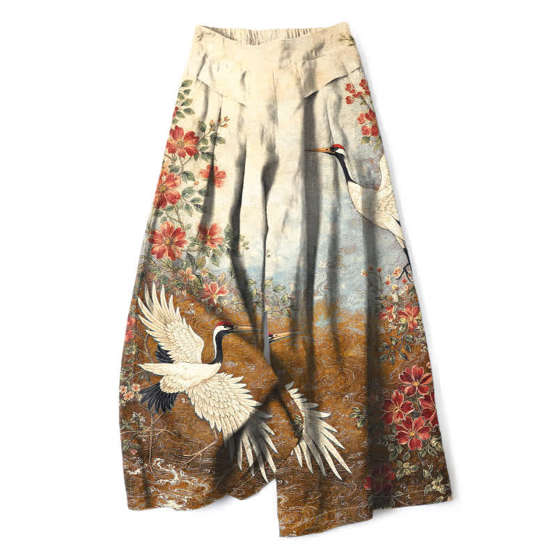 Buddha Stones Cotton Linen Crane Floral Pattern Women's Elastic Waist Wide Leg Pants With Pockets - Goldenrod - US16,UK/AU20,EU48 (3XL) - image 7