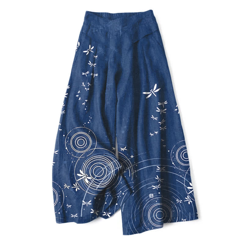 Buddha Stones Cotton Linen Dragonfly Ripple Pattern Women's Elastic Waist Wide Leg Pants With Pockets - Navy - US16,UK/AU20,EU48 (3XL) - image 0