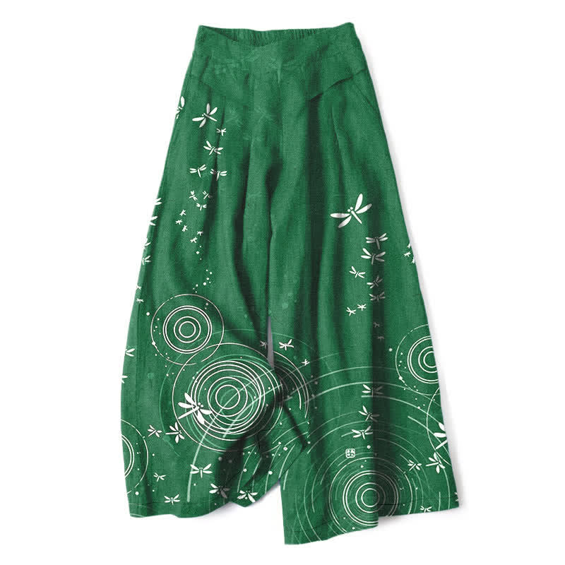 Buddha Stones Cotton Linen Dragonfly Ripple Pattern Women's Elastic Waist Wide Leg Pants With Pockets - ForestGreen - US16,UK/AU20,EU48 (3XL) - image 4