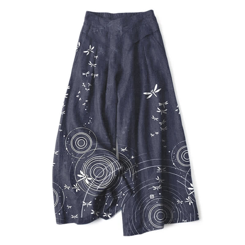 Buddha Stones Cotton Linen Dragonfly Ripple Pattern Women's Elastic Waist Wide Leg Pants With Pockets - SlateGray - US16,UK/AU20,EU48 (3XL) - image 8