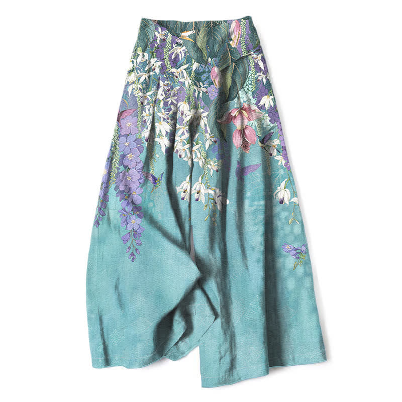 Buddha Stones Cotton Linen Bohemian Floral Pattern Women's Elastic Waist Wide Leg Pants With Pockets - Turquoise - US16,UK/AU20,EU48 (3XL) - image 0