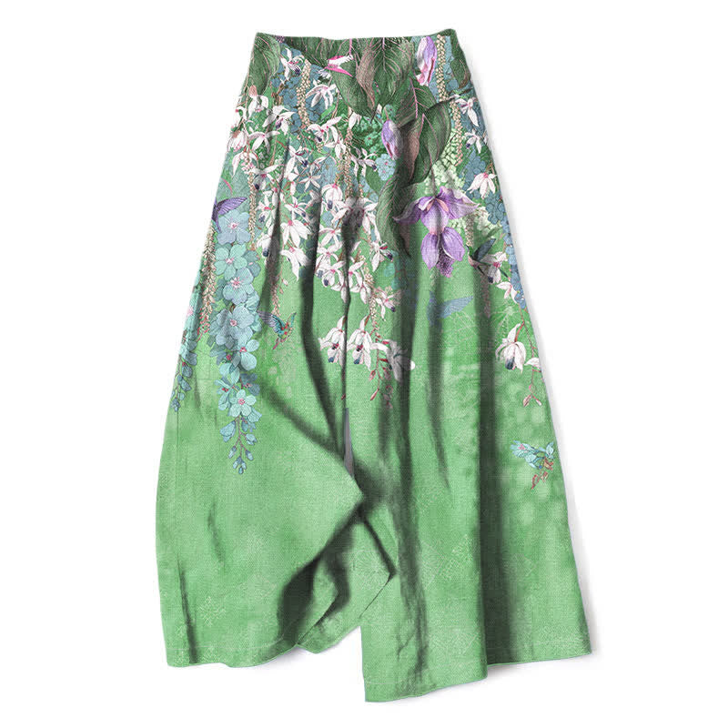 Buddha Stones Cotton Linen Bohemian Floral Pattern Women's Elastic Waist Wide Leg Pants With Pockets - LightGreen - US16,UK/AU20,EU48 (3XL) - image 8