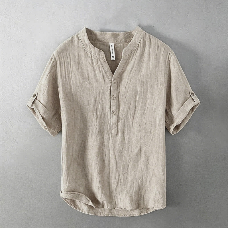Buddha Stones Solid Color Short Sleeve Half Button Shirt Cotton Linen Men Clothing - Roll-Up 3/4 Sleeve Design - Linen - US/UK/AU50,EU60 (5XL) - image 45