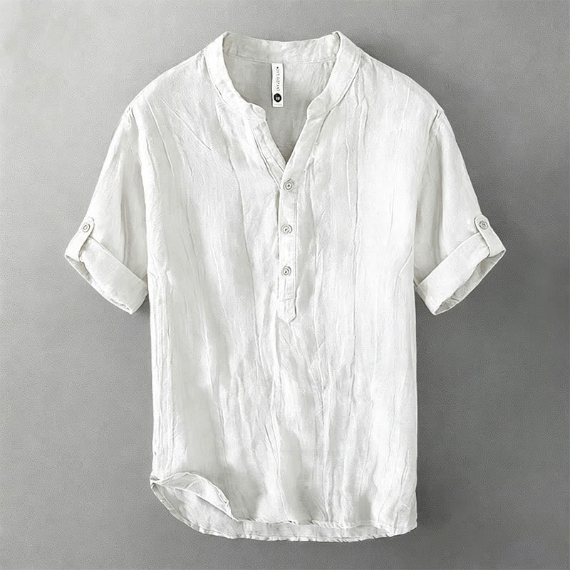 Buddha Stones Solid Color Short Sleeve Half Button Shirt Cotton Linen Men Clothing - Roll-Up 3/4 Sleeve Design - White - US/UK/AU50,EU60 (5XL) - image 38