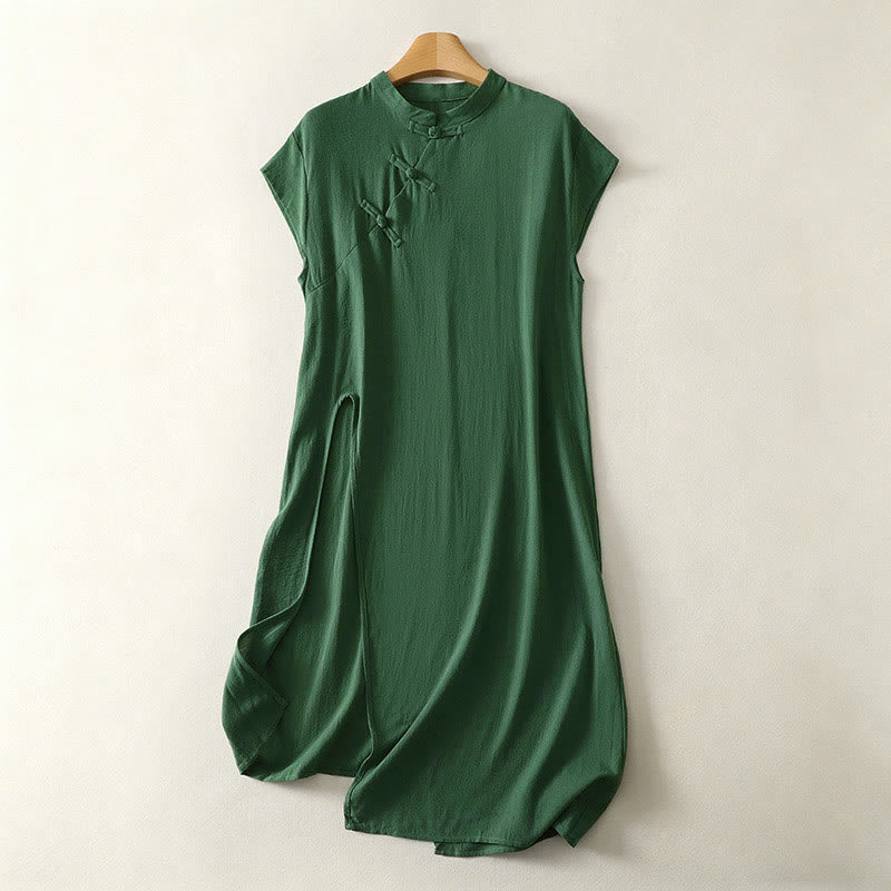 Buddha Stones Summer Solid Green Mandarin Collar Side Slit Women's Sleeveless Dress - SeaGreen - US12,UK/AU16,EU44 (2XL) - image 0