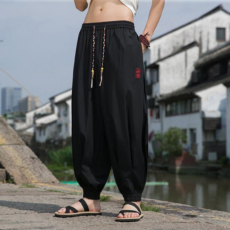 Buddha Stones Summer Casual Drawstring Chinese Character Carefree Embroidery Ankle Pants Men's Harem Pants With Pockets - Black - US/UK/AU46,EU56 (5XL) - image 1