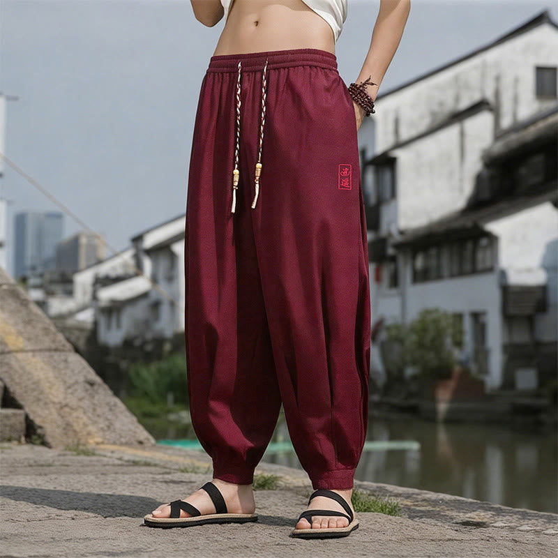 Buddha Stones Summer Casual Drawstring Chinese Character Carefree Embroidery Ankle Pants Men's Harem Pants With Pockets - Maroon - US/UK/AU46,EU56 (5XL) - image 19