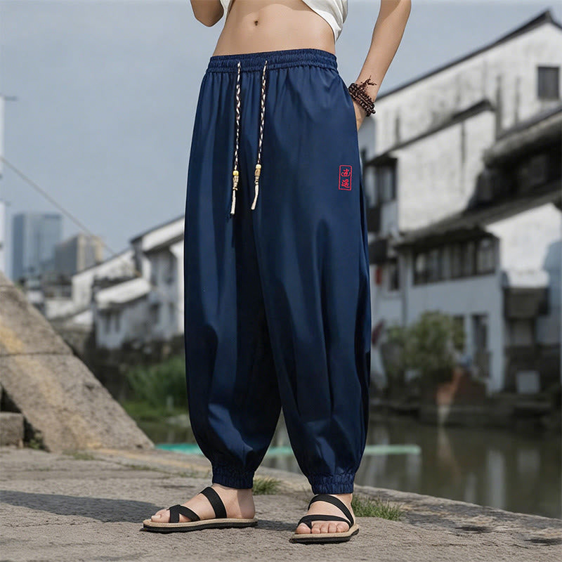 Buddha Stones Summer Casual Drawstring Chinese Character Carefree Embroidery Ankle Pants Men's Harem Pants With Pockets - Navy - US/UK/AU46,EU56 (5XL) - image 0