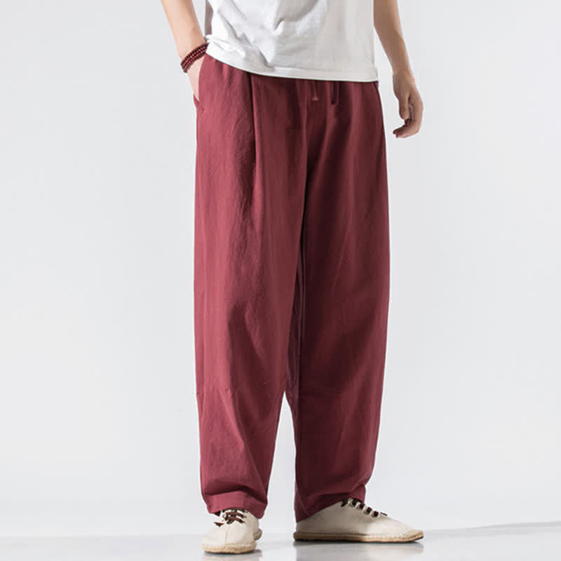 Buddha Stones Summer Casual Minimalist Drawstring Elastic Waist Solid Long Pants Men's Harem Pants With Pockets - Maroon - US/UK/AU46,EU56 (5XL) - image 24