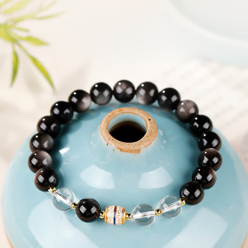 Buddha Stones Silver Sheen Obsidian Dzi Bead Protection Round Bracelet - Silver Sheen Obsidian(Protection♥Soothing) - 8mm - image 0