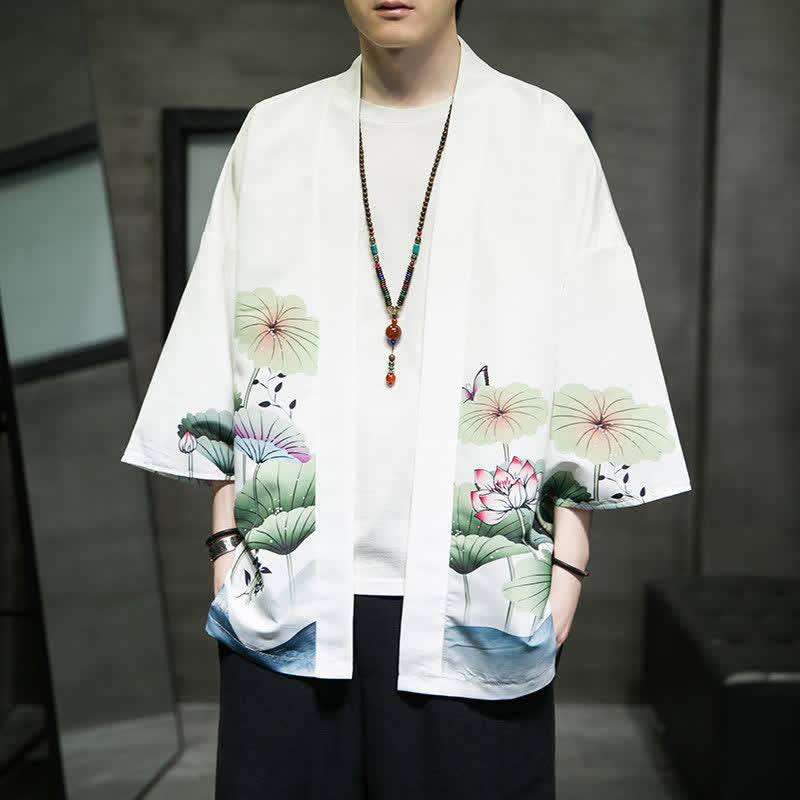 Buddha Stones Summer Casual Lotus Leaves Butterfly Crane Print Open Front Men's Kimono - White - US/UK/AU46,EU56 (5XL) - image 0