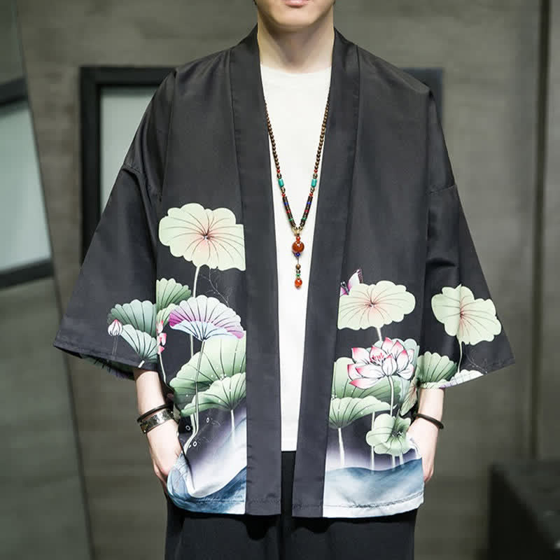 Buddha Stones Summer Casual Lotus Leaves Butterfly Crane Print Open Front Men's Kimono - Black - US/UK/AU46,EU56 (5XL) - image 12