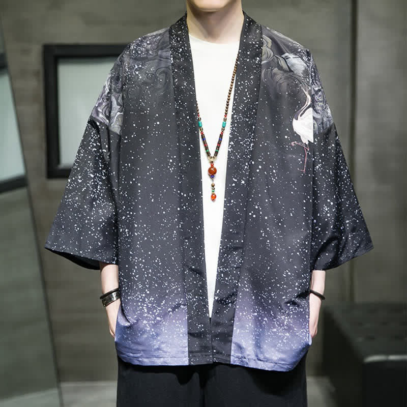 Buddha Stones Summer Casual Lotus Leaves Butterfly Crane Print Open Front Men's Kimono - DarkSlateBlue - US/UK/AU46,EU56 (5XL) - image 24