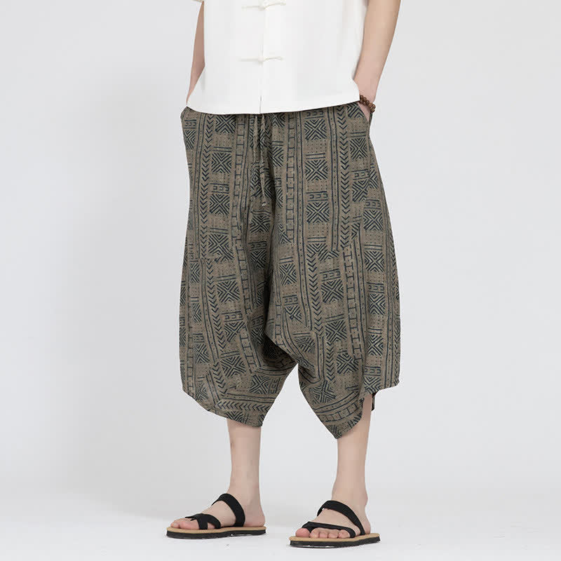 Buddha Stones Summer Boho Casual Elastic Waist Geometric Floral Pattern Capri Pants Men's Harem Pants - Tan - US/UK/AU46,EU56 (5XL) - image 0