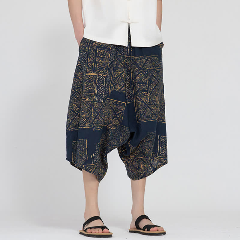 Buddha Stones Summer Boho Casual Elastic Waist Geometric Floral Pattern Capri Pants Men's Harem Pants - SteelBlue - US/UK/AU46,EU56 (5XL) - image 14