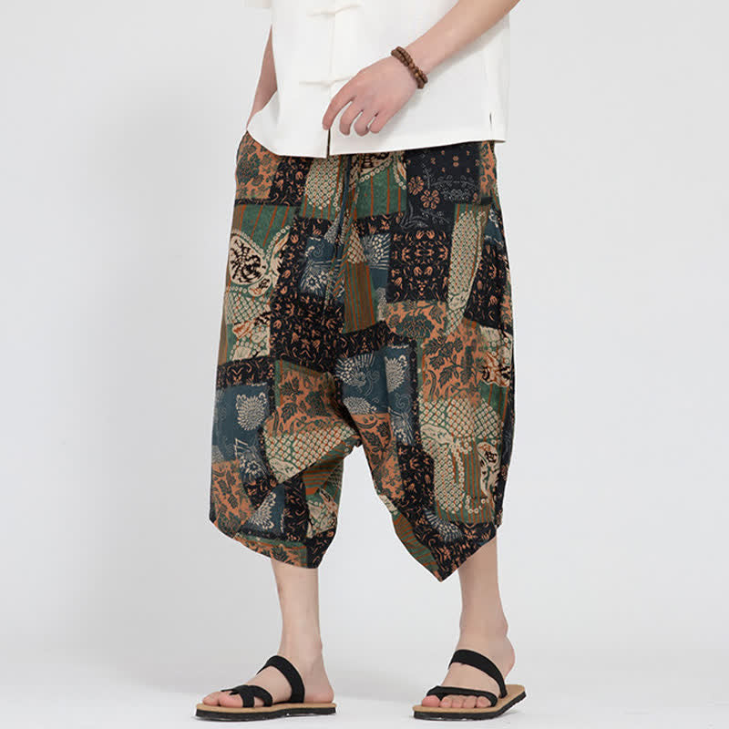 Buddha Stones Summer Boho Casual Elastic Waist Geometric Floral Pattern Capri Pants Men's Harem Pants - DarkGoldenrod - US/UK/AU46,EU56 (5XL) - image 20