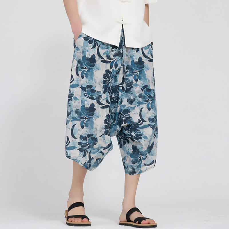 Buddha Stones Summer Boho Casual Elastic Waist Geometric Floral Pattern Capri Pants Men's Harem Pants - LightBlue - US/UK/AU46,EU56 (5XL) - image 29