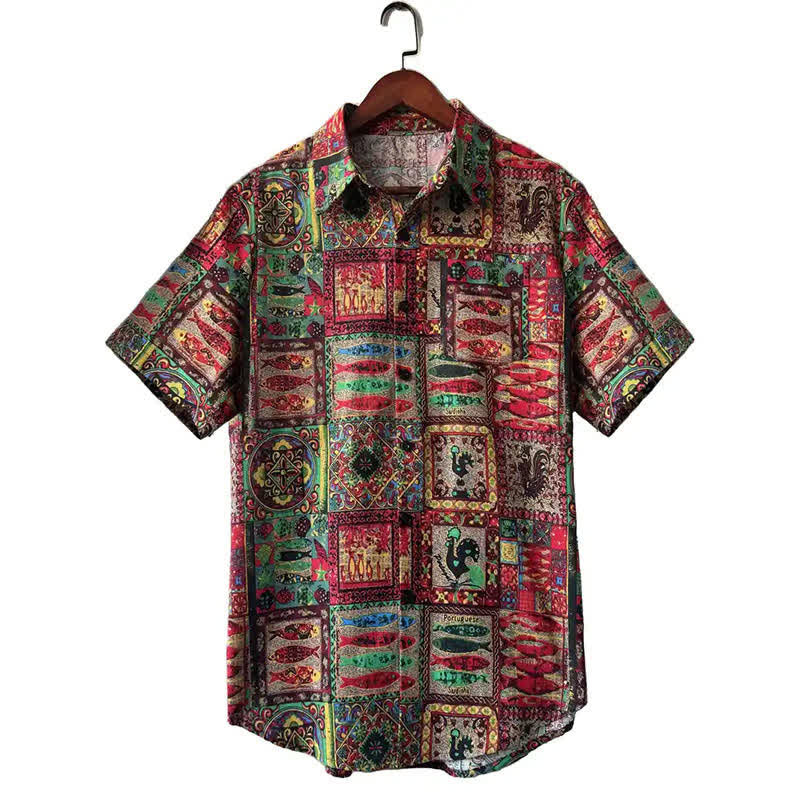 Buddha Stones Summer Boho Vintage Button-Up Geometric Men's Short Sleeve Shirts - Crimson - US/UK/AU44,EU54 (3XL) - image 6