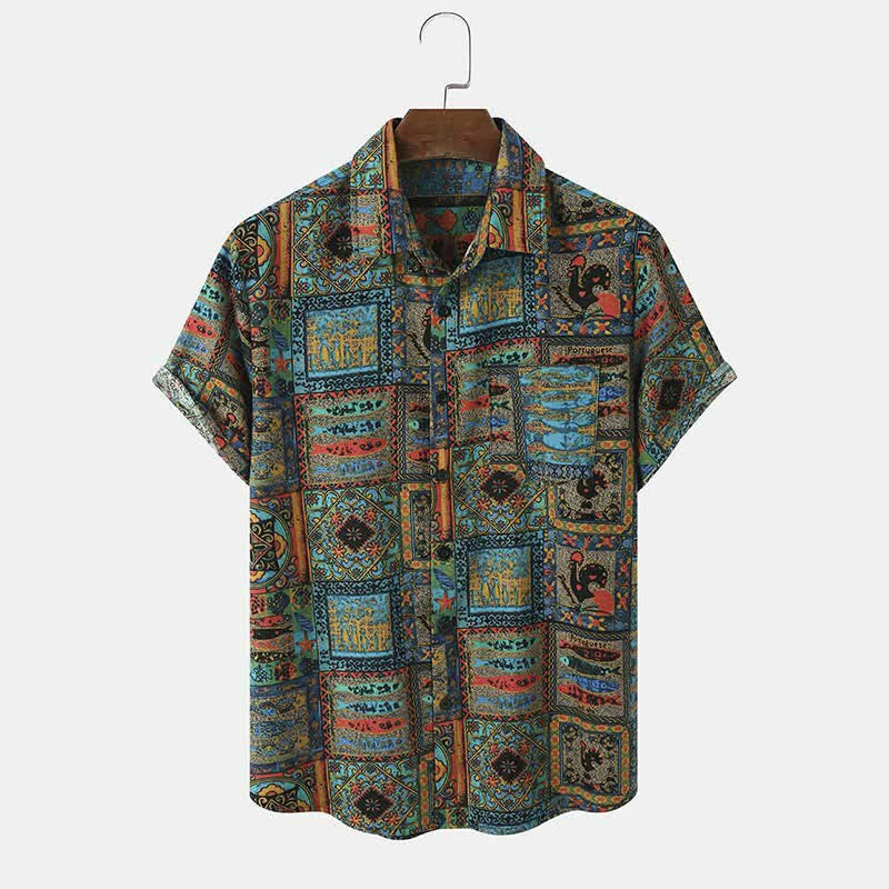 Buddha Stones Summer Boho Vintage Button-Up Geometric Men's Short Sleeve Shirts - Teal - US/UK/AU44,EU54 (3XL) - image 0