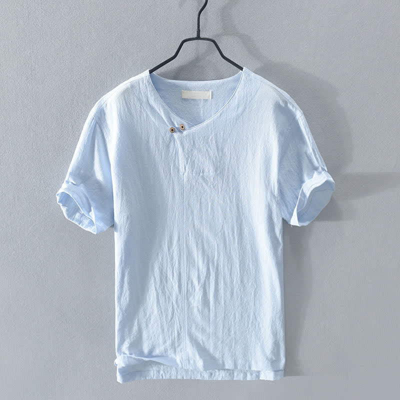 Buddha Stones Summer Casual Asymmetrical V-Neck Button Solid Men's Short Sleeve Shirts - LightSkyBlue - US/UK/AU42,EU52 (3XL) - image 4
