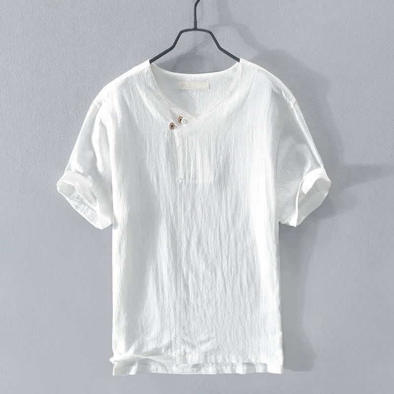 Buddha Stones Summer Casual Asymmetrical V-Neck Button Solid Men's Short Sleeve Shirts - White - US/UK/AU42,EU52 (3XL) - image 12