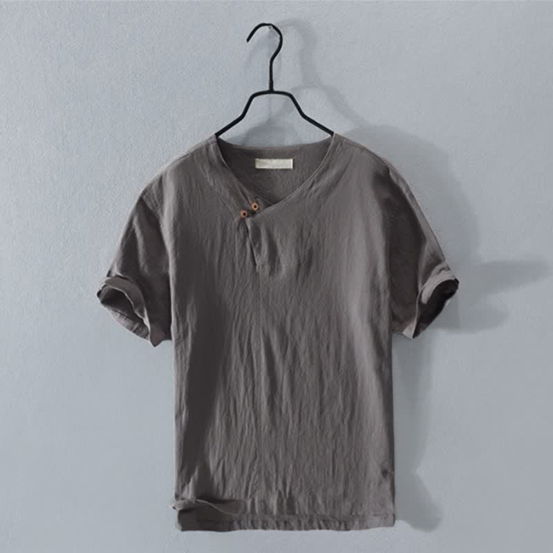 Buddha Stones Summer Casual Asymmetrical V-Neck Button Solid Men's Short Sleeve Shirts - DimGray - US/UK/AU42,EU52 (3XL) - image 0