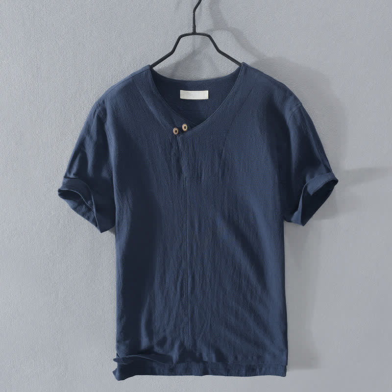 Buddha Stones Summer Casual Asymmetrical V-Neck Button Solid Men's Short Sleeve Shirts - RoyalBlue - US/UK/AU42,EU52 (3XL) - image 8