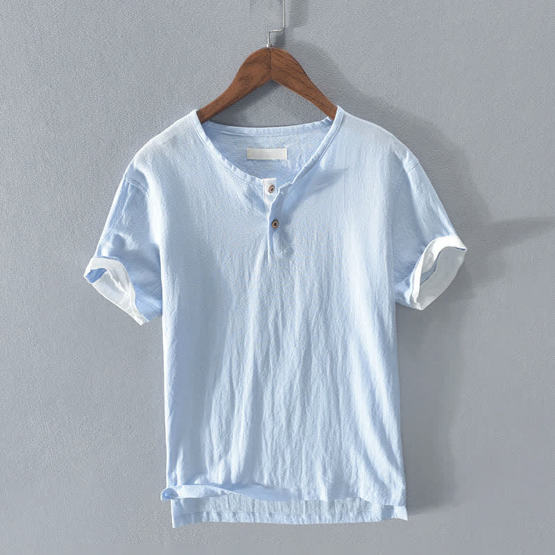 Buddha Stones Summer Casual Minimalist Two Buttons Solid Cotton Linen Men's Short Sleeve Shirts - LightSkyBlue - US/UK/AU42,EU52 (3XL) - image 6