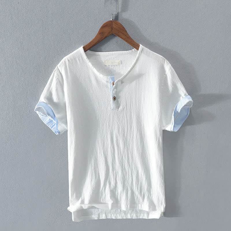 Buddha Stones Summer Casual Minimalist Two Buttons Solid Cotton Linen Men's Short Sleeve Shirts - White - US/UK/AU42,EU52 (3XL) - image 10