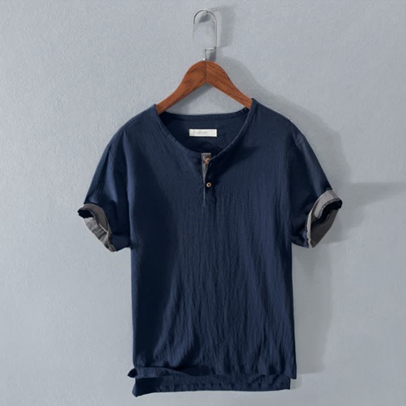 Buddha Stones Summer Casual Minimalist Two Buttons Solid Cotton Linen Men's Short Sleeve Shirts - MidnightBlue - US/UK/AU42,EU52 (3XL) - image 5