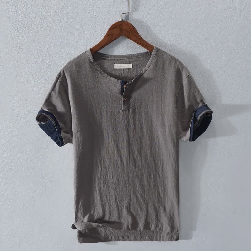 Buddha Stones Summer Casual Minimalist Two Buttons Solid Cotton Linen Men's Short Sleeve Shirts - Gray - US/UK/AU42,EU52 (3XL) - image 0