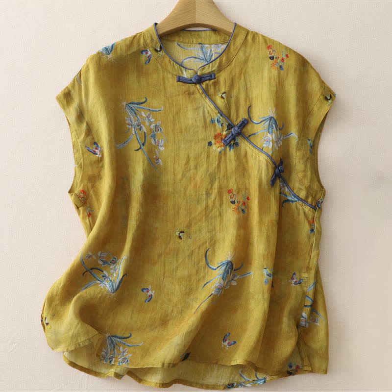 Buddha Stones Summer Tang Style Vintage Frog Button Orchid Floral Women's Sleeveless Shirts Tank Top - Peru - Sleeveless - US12,UK/AU16,EU44 (2XL) - image 0