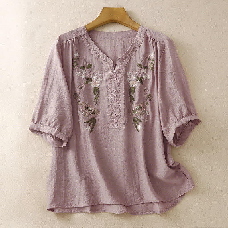Buddha Stones Summer Boho Embroidery Floral Women's Short Sleeve Shirt - PaleVioletRed - US8-10,UK/AU12-14,EU40-42 (2XL) - image 6