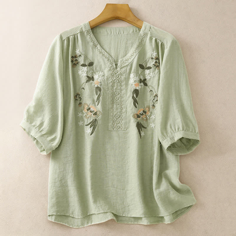 Buddha Stones Summer Boho Embroidery Floral Women's Short Sleeve Shirt - DarkSeaGreen - US8-10,UK/AU12-14,EU40-42 (2XL) - image 0