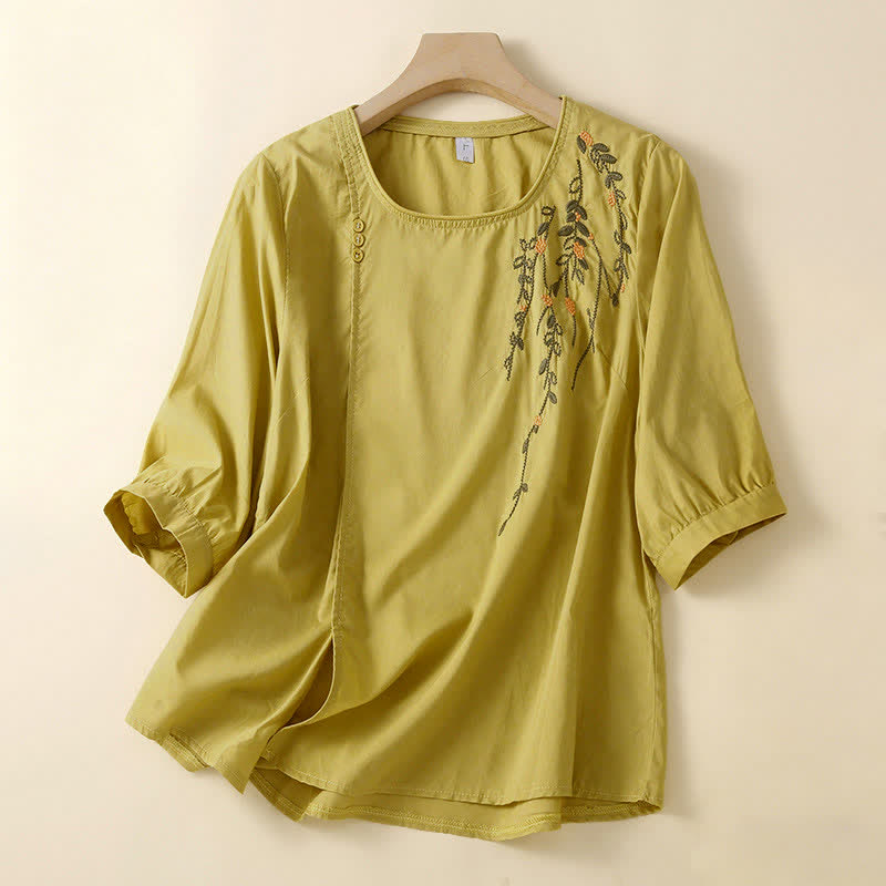 Buddha Stones Summer Casual Crew Neck Embroidery Flower Women's Short Sleeve T-Shirts - PaleGoldenrod - US14,UK/AU18,EU46 (4XL) - image 6