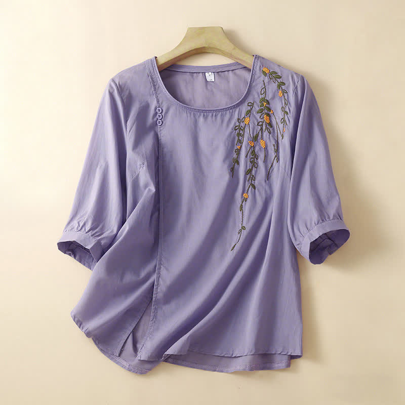 Buddha Stones Summer Casual Crew Neck Embroidery Flower Women's Short Sleeve T-Shirts - Lavender - US14,UK/AU18,EU46 (4XL) - image 0