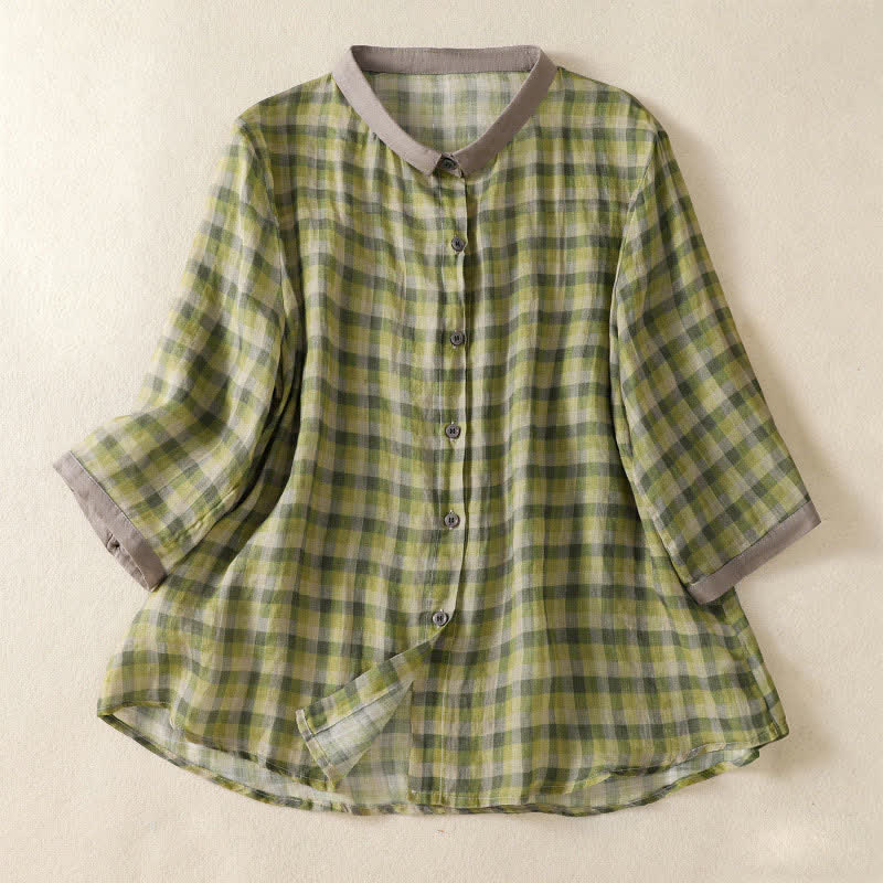 Buddha Stones Summer Vintage Button Up Plaid Women's Short Sleeve Shirts - YellowGreen - US8-10,UK/AU12-14,EU40-42 (2XL) - image 0