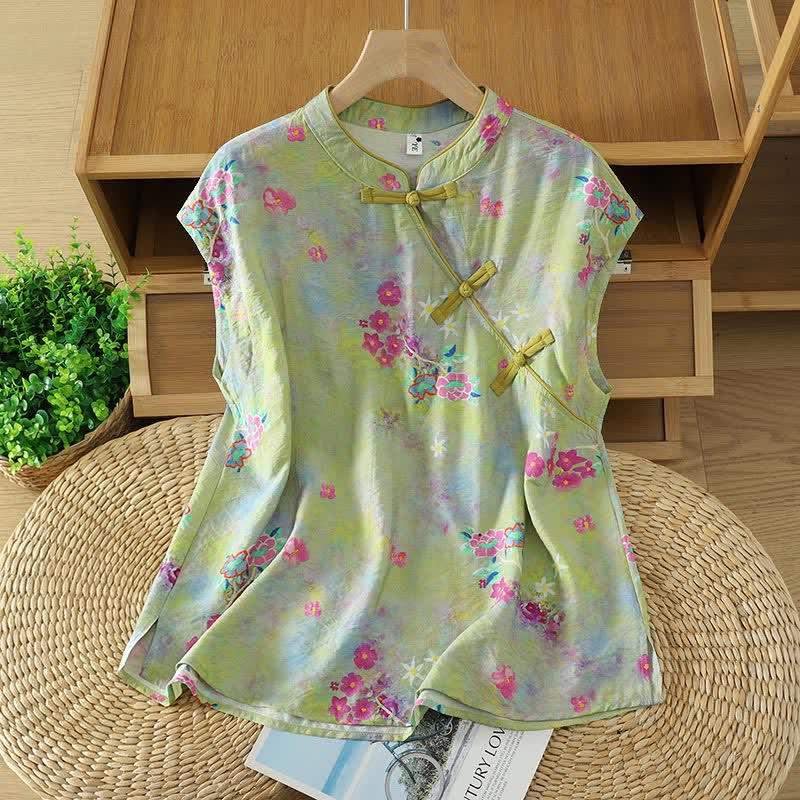 Buddha Stones Summer Elegant Mandarin Collar Side Slit Floral Print Women's Sleeveless Shirts - YellowGreen - US14,UK/AU18,EU46 (2XL) - image 10