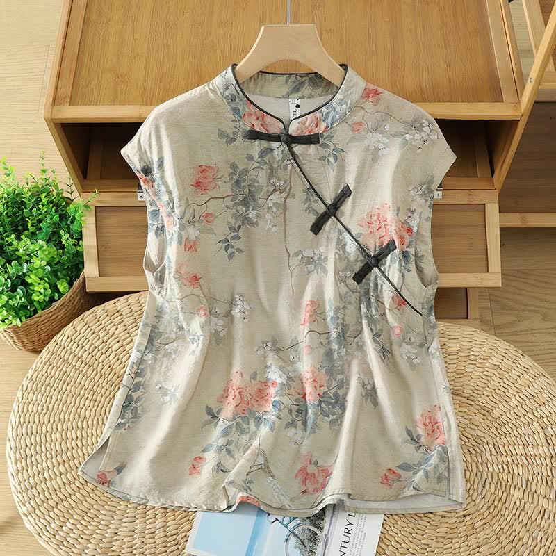 Buddha Stones Summer Elegant Mandarin Collar Side Slit Floral Print Women's Sleeveless Shirts - Beige - US14,UK/AU18,EU46 (2XL) - image 0