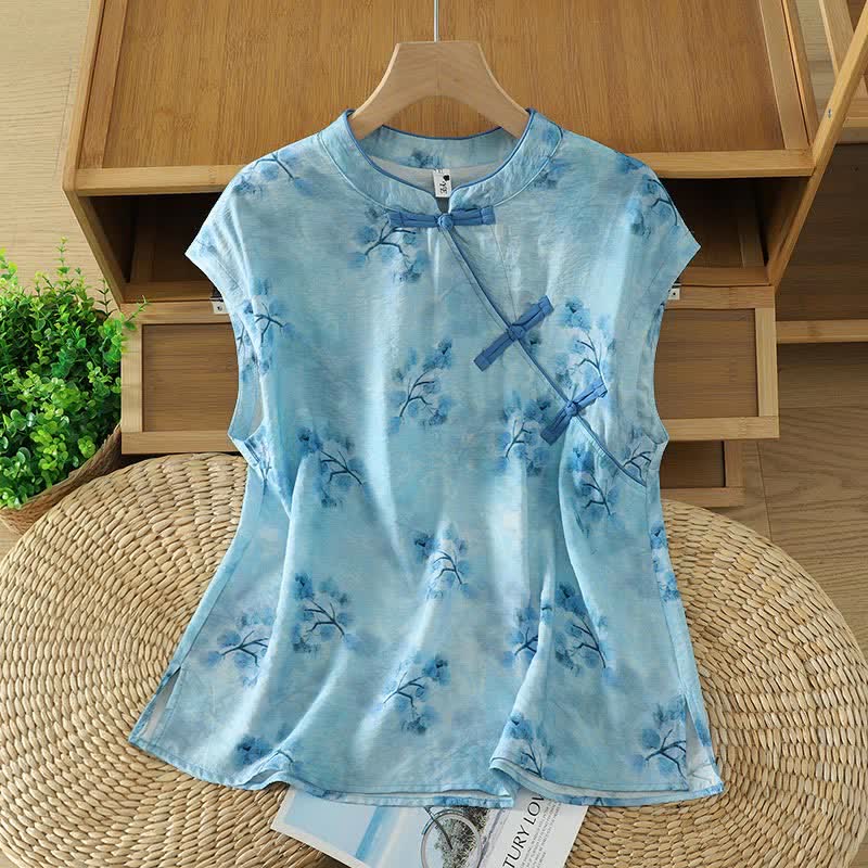 Buddha Stones Summer Elegant Mandarin Collar Side Slit Floral Print Women's Sleeveless Shirts - PowderBlue - US14,UK/AU18,EU46 (2XL) - image 5